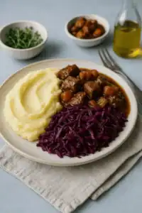 Paddenstoelenstoof met Aardappelpuree Rode Kool en Kruidkoek