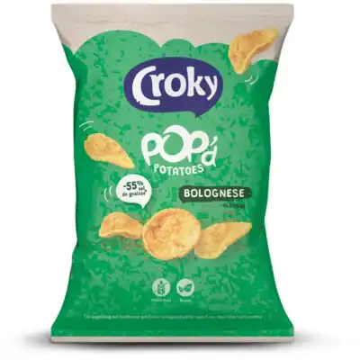 Zak Croky Pop’d Potatoes Bolognese met lichtrode chips.