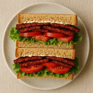 Vegan BLT sandwich met tempeh bacon op brood